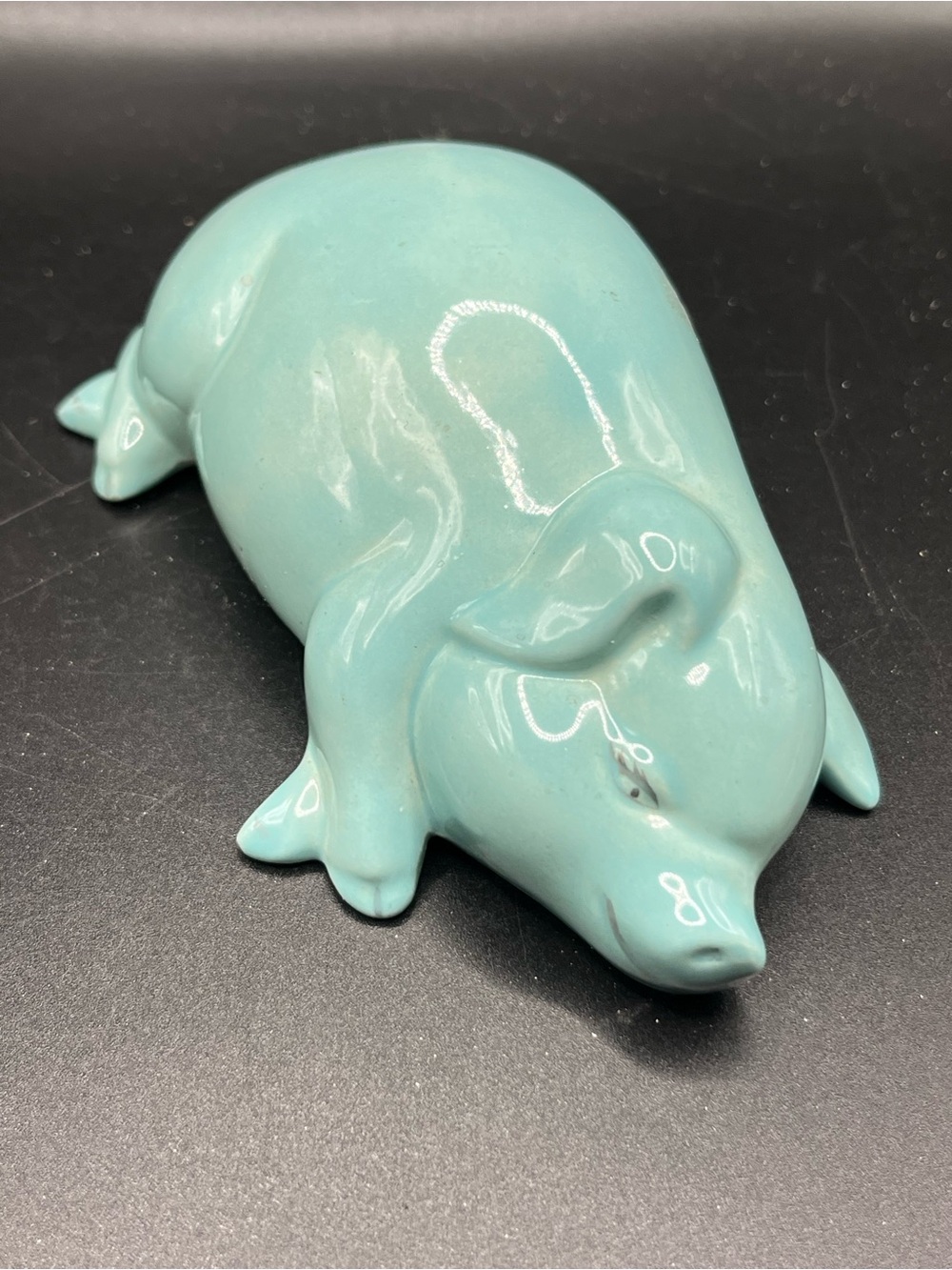 Vintage Ceramic Sleeping Pig Figurine in Turquoise Signed Home Accent